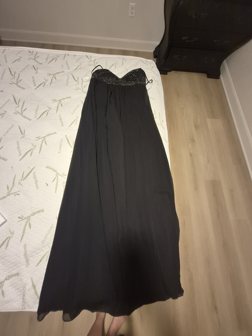 David's Bridal Black Strapless Maxi Skirt with Beaded Bodice